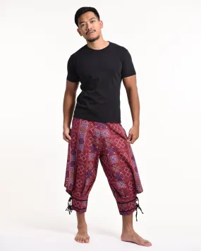 Clovers Thai Hill Tribe Fabric Men's Harem Pants with Ankle Straps in Maroon