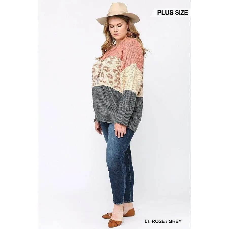 Color Block And Leopard Pattern Mixed Pullover Sweater