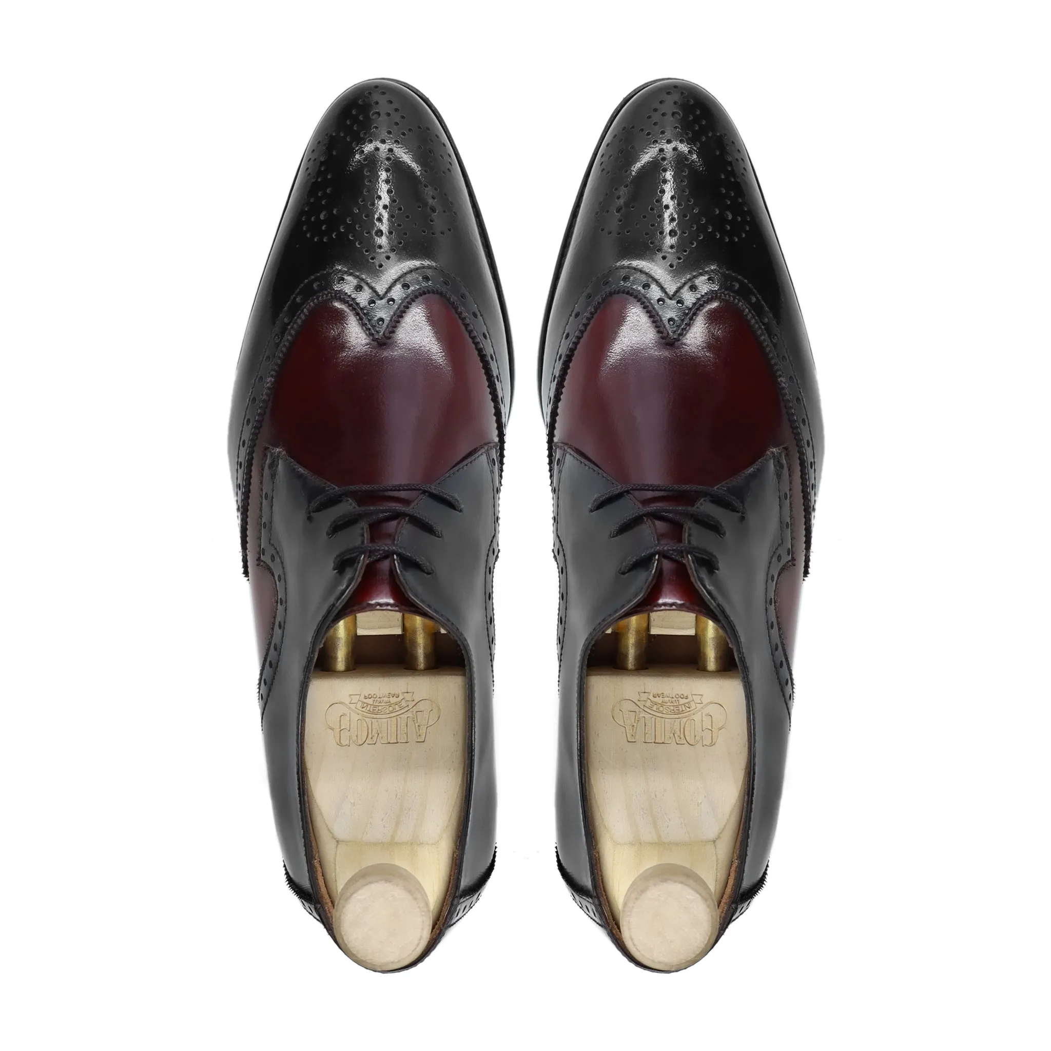 COZMEL - FUSION OF BLACK AND OXBLOOD BOX LEATHER HIGH SHINE DERBY