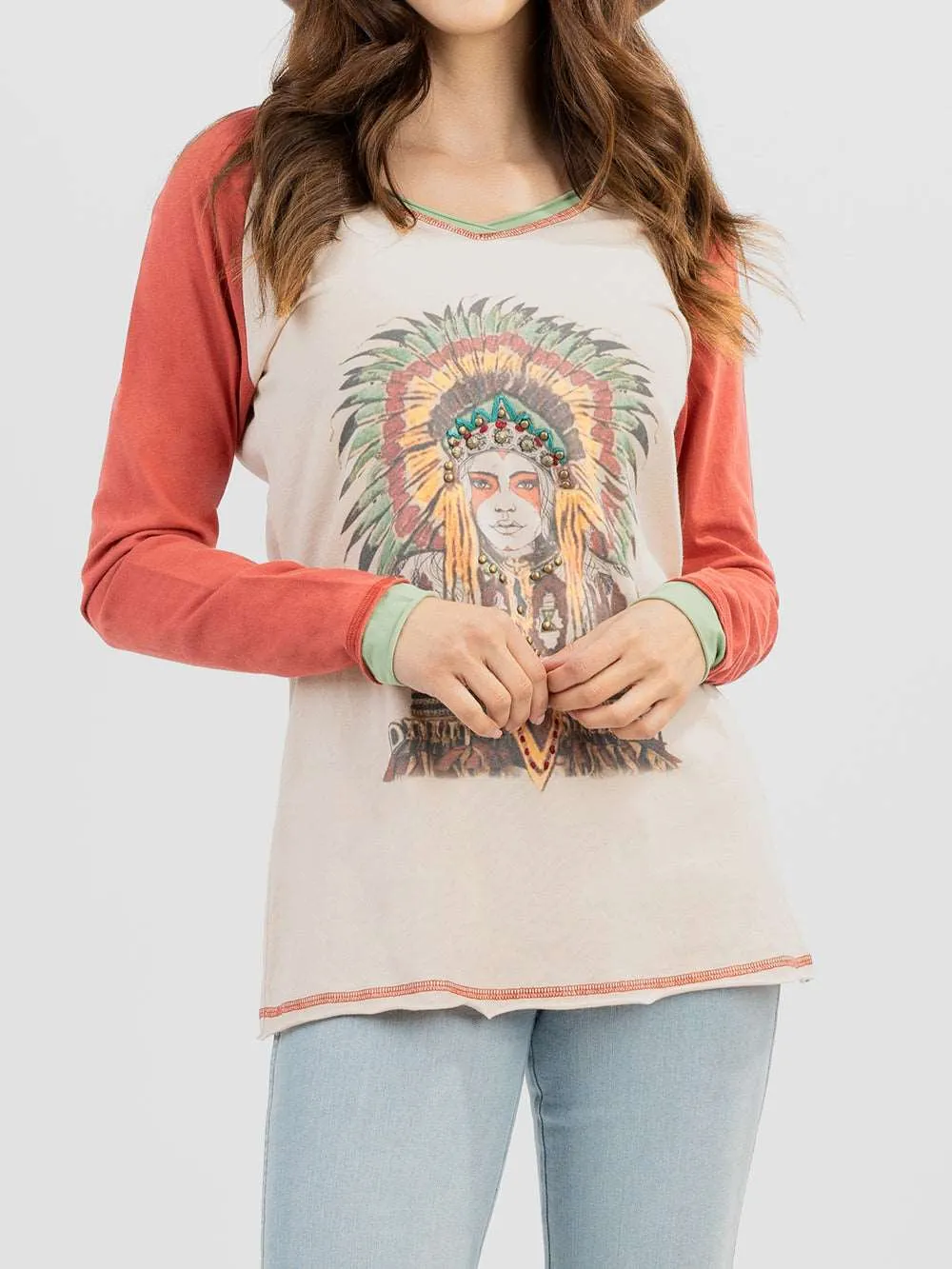 Delila Women Tribal Queen Studded Long Sleeve Tee