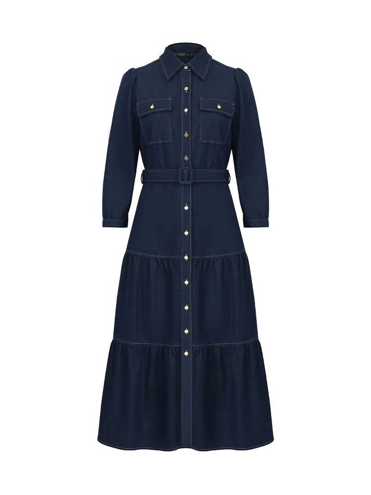 Denim Gathered Waist Women Midi Dress With Belt