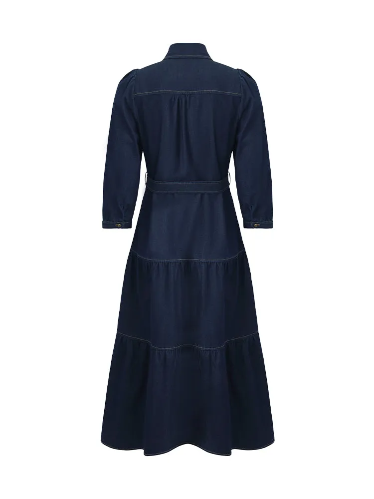 Denim Gathered Waist Women Midi Dress With Belt