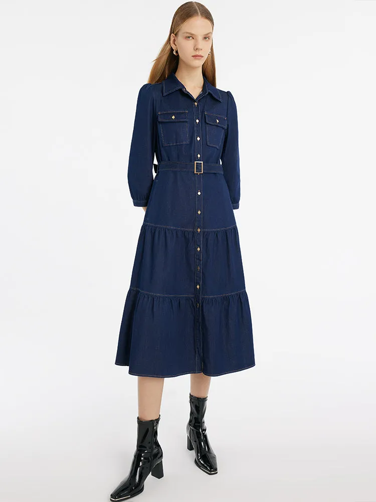 Denim Gathered Waist Women Midi Dress With Belt