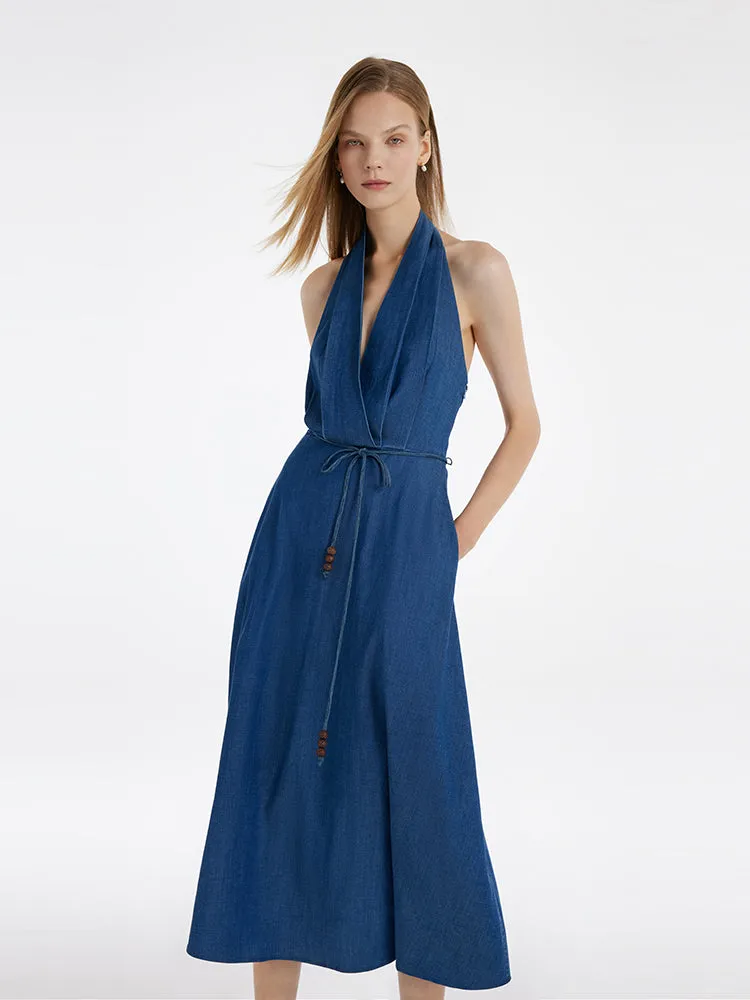 Denim Halter Women Midi Dress With Rope Belt