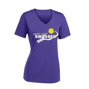 Don't Get Smashed Customizable Pickleballs (Purple White Yellow) | Women's Short Sleeve V-Neck Pickleball Shirts | 100% Polyester