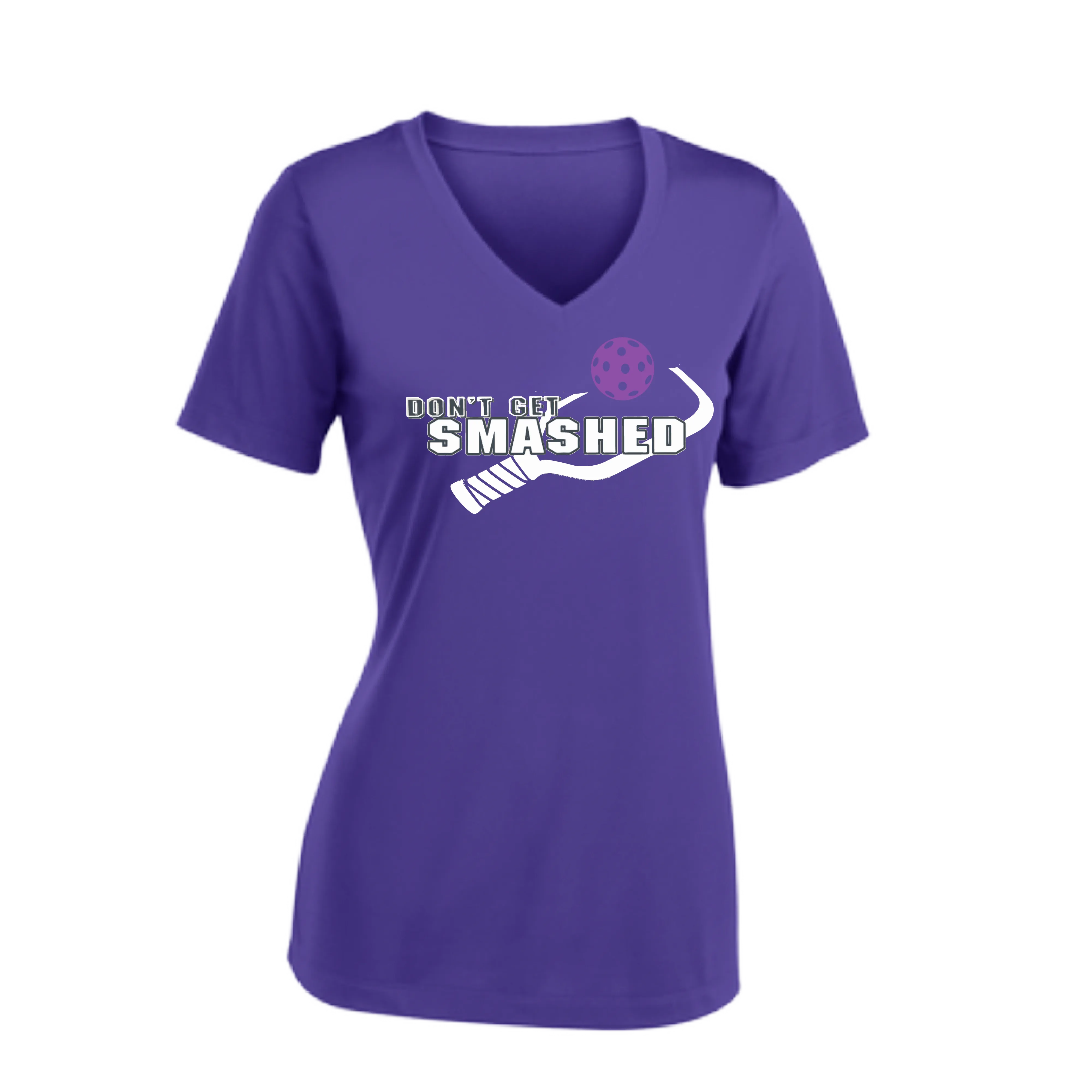 Don't Get Smashed Customizable Pickleballs (Purple White Yellow) | Women's Short Sleeve V-Neck Pickleball Shirts | 100% Polyester