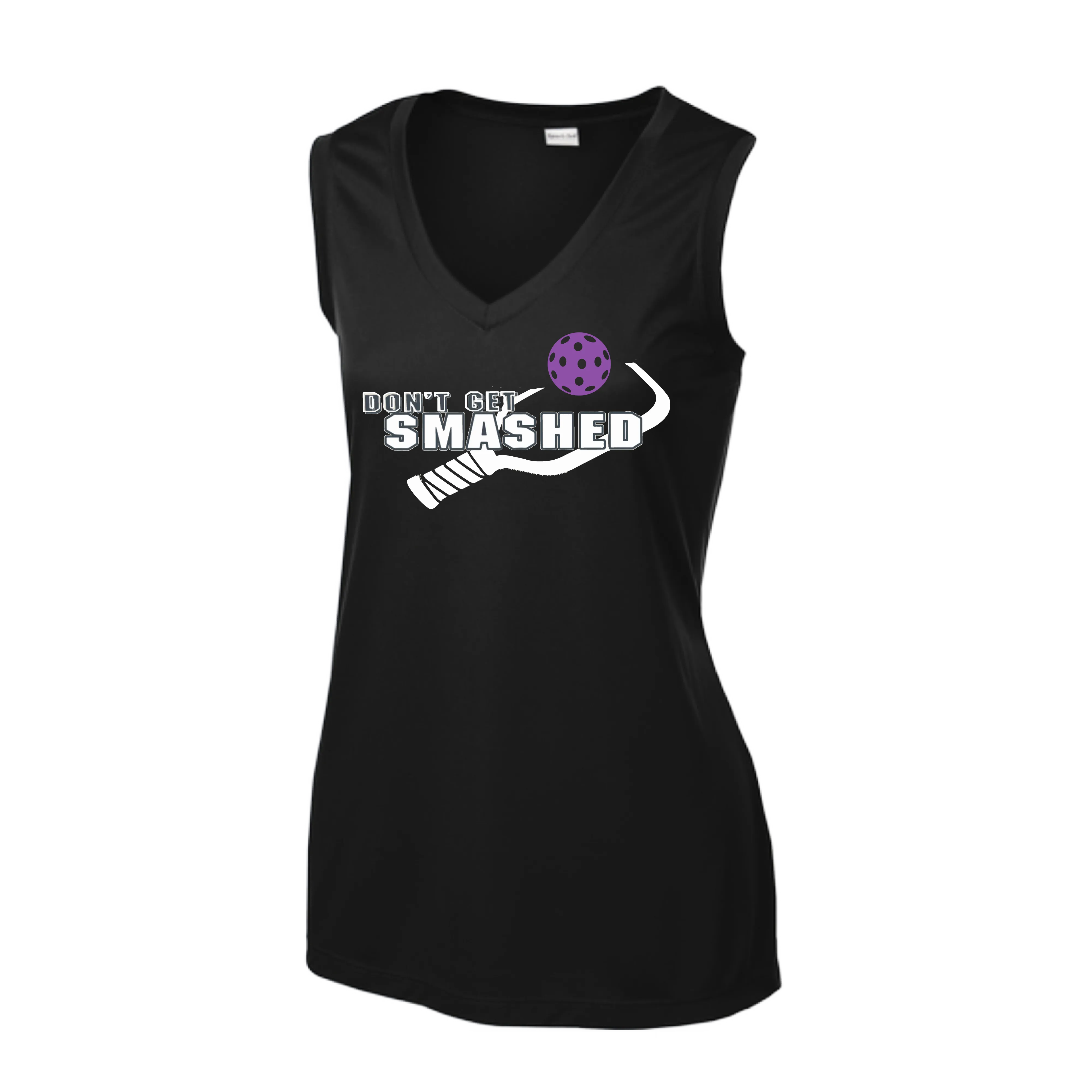 Don't Get Smashed With Pickleballs (Purple White Yellow) | Women’s Sleeveless Athletic Shirt | 100% Polyester