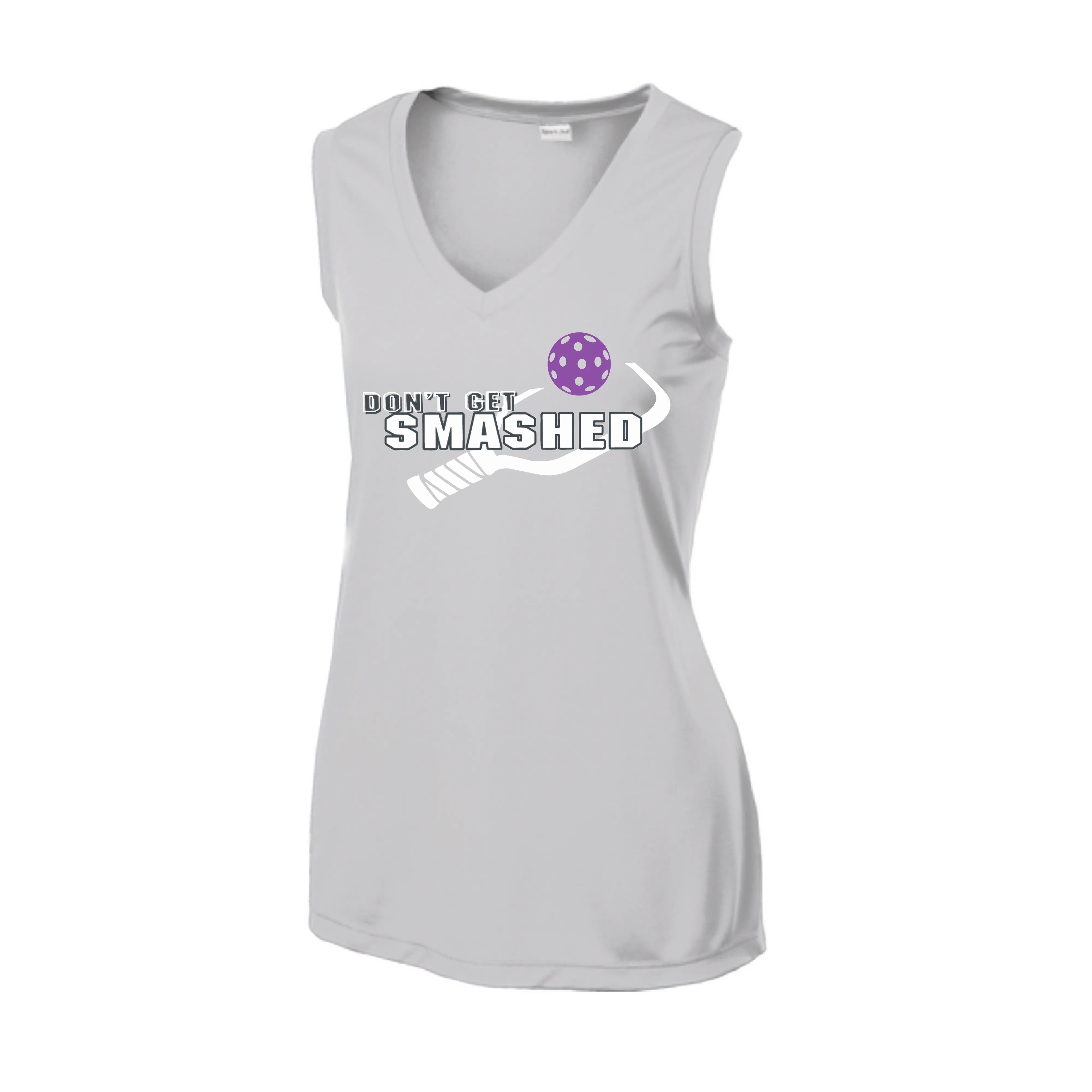 Don't Get Smashed With Pickleballs (Purple White Yellow) | Women’s Sleeveless Athletic Shirt | 100% Polyester