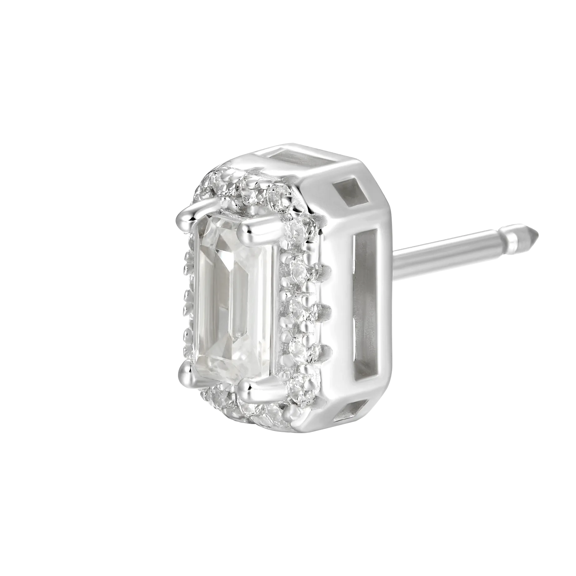 Emerald Cut Halo Stud Earring - Single