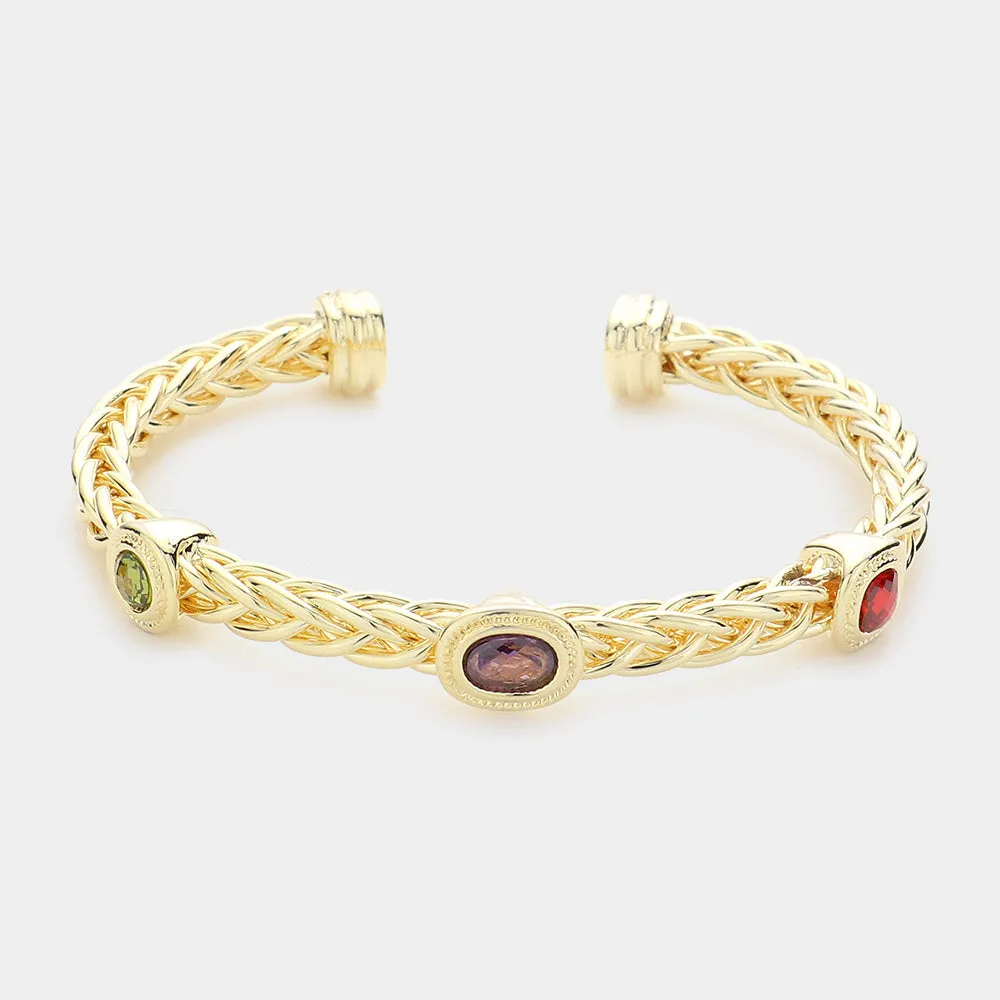 Gold Geometric CZ Stone Embellished Cuff Bracelet for Women