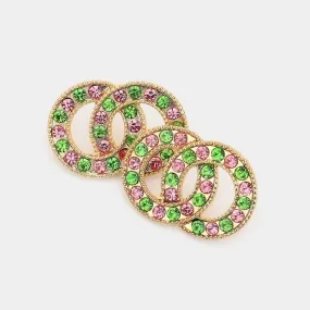 Gold Pink & Green Crystal Embellished Double Open Circle Link Evening Earrings