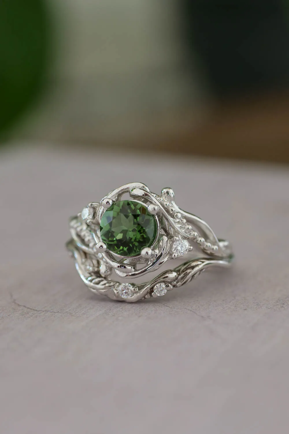 Green tourmaline ring with diamonds / 1 carat / Undina