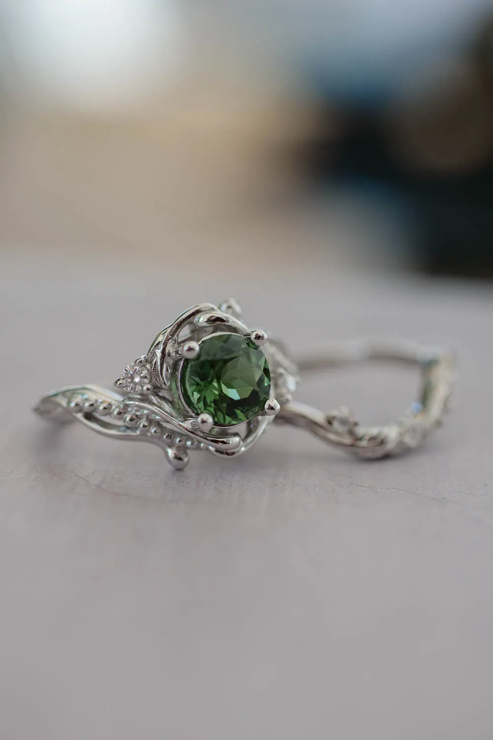 Green tourmaline ring with diamonds / 1 carat / Undina