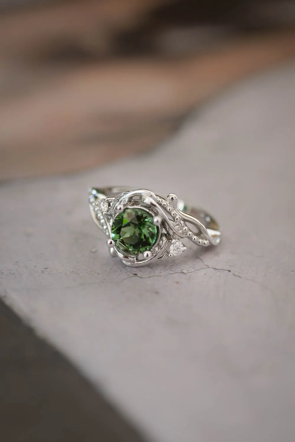 Green tourmaline ring with diamonds / 1 carat / Undina