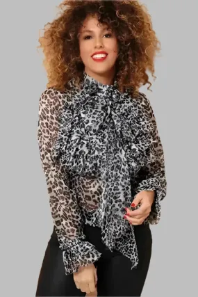 Grey Leopard Print Ruffled Pussy Bow Chiffon Shirt