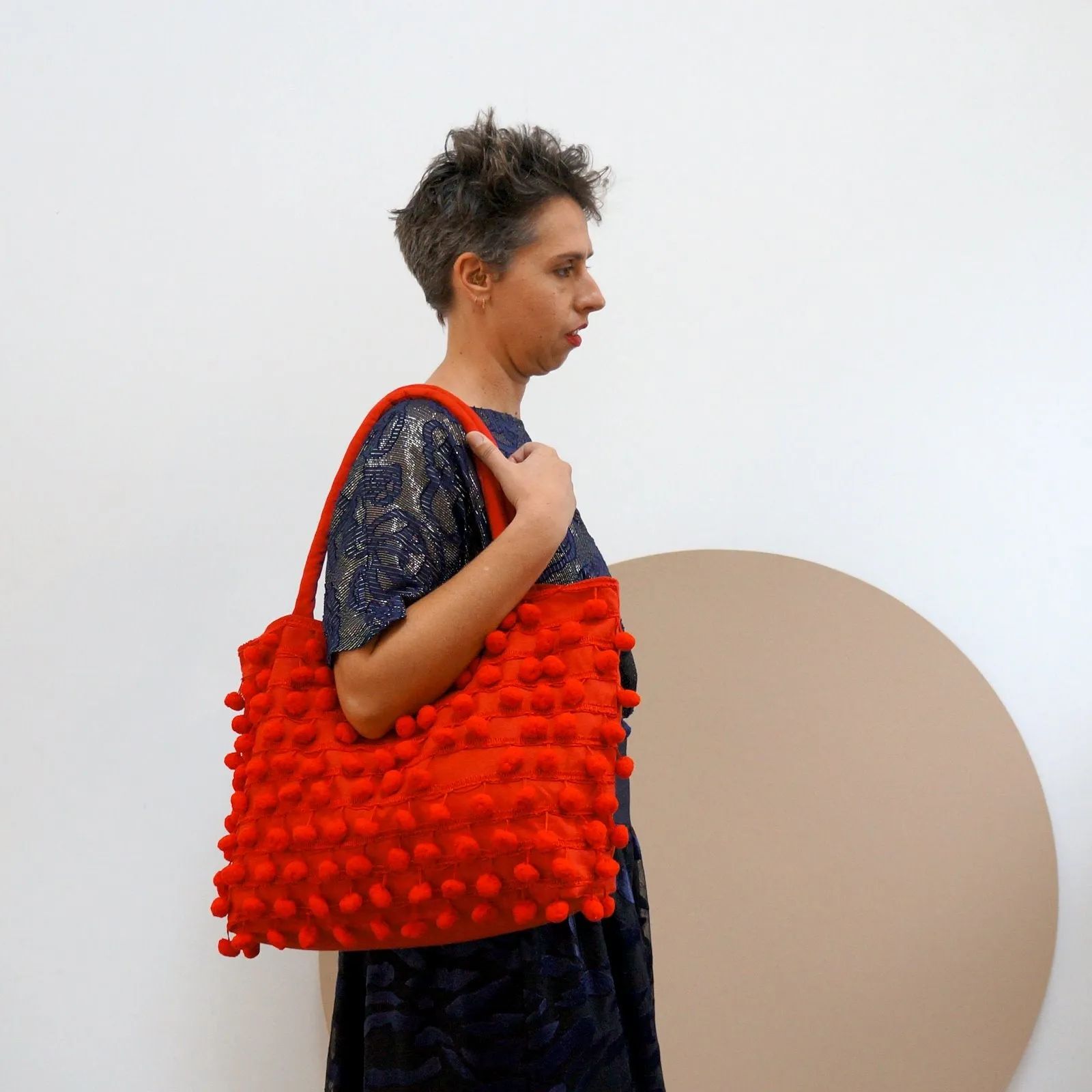 Ha Leh Pom Pom Tote Bag in Red