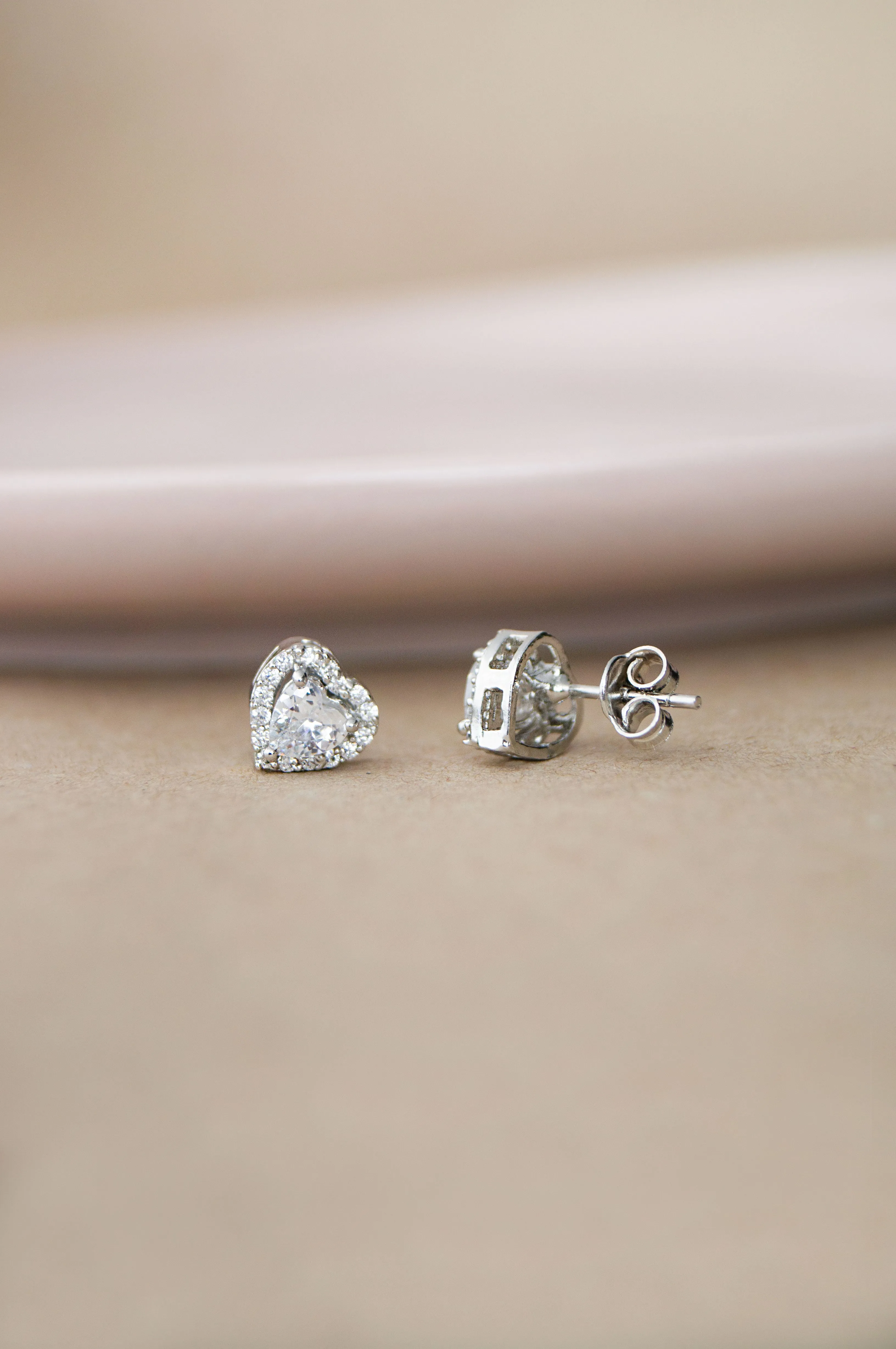 Halo Heart Solitaire Sterling Silver Stud Earrings