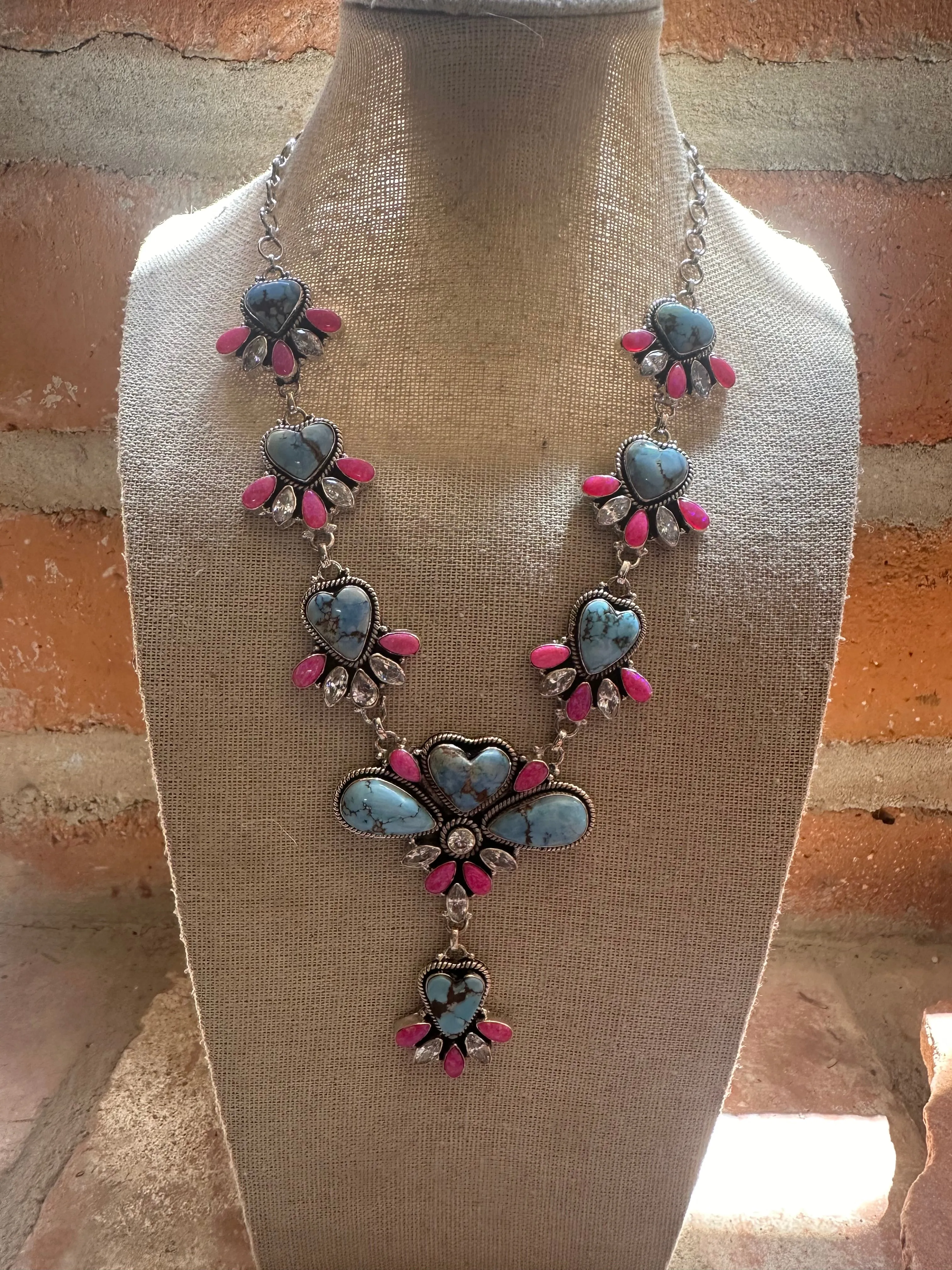 Handmade Sterling Silver, Hot Pink Fire Opal, CZ & Golden Hills Turquoise Set Necklace Signed Nizhoni