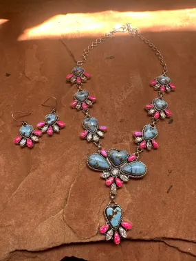 Handmade Sterling Silver, Hot Pink Fire Opal, CZ & Golden Hills Turquoise Set Necklace Signed Nizhoni