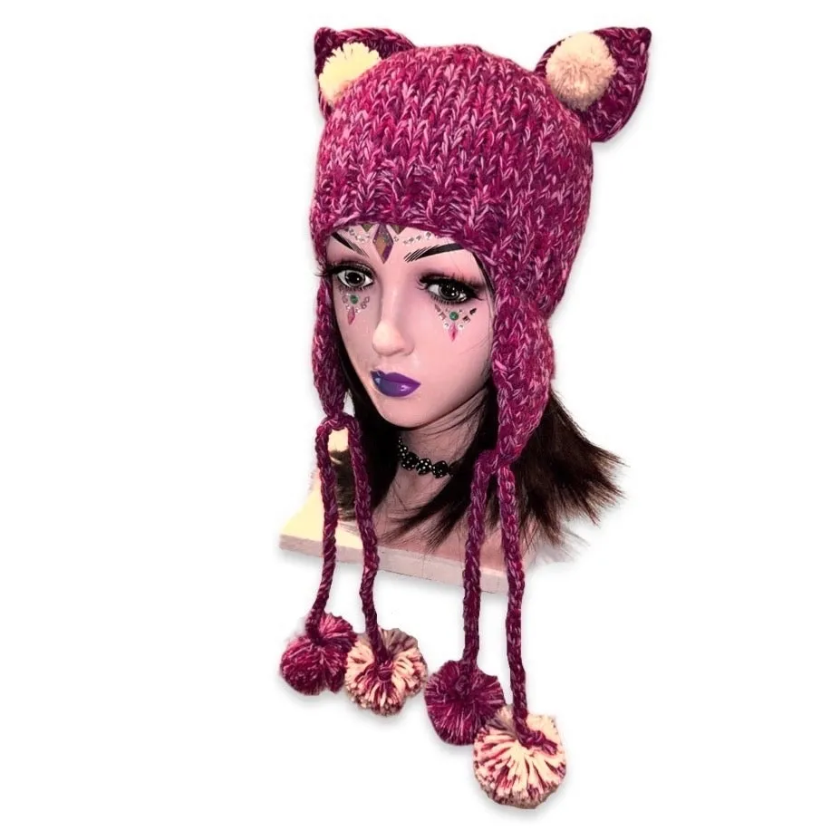 Handmade teddy bear ears knitted hat with 4 big pom-poms, plum