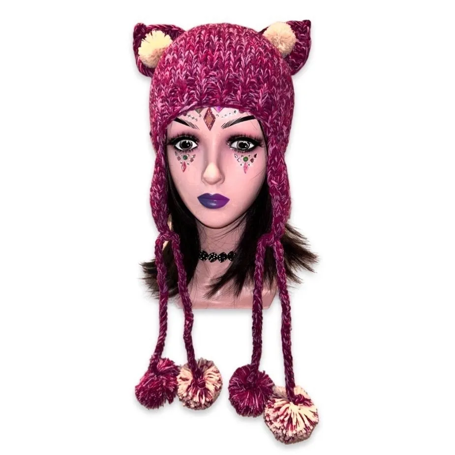 Handmade teddy bear ears knitted hat with 4 big pom-poms, plum