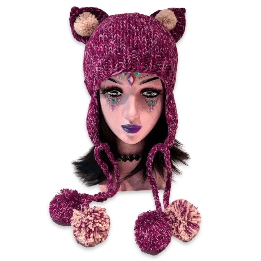 Handmade teddy bear ears knitted hat with 4 big pom-poms, plum