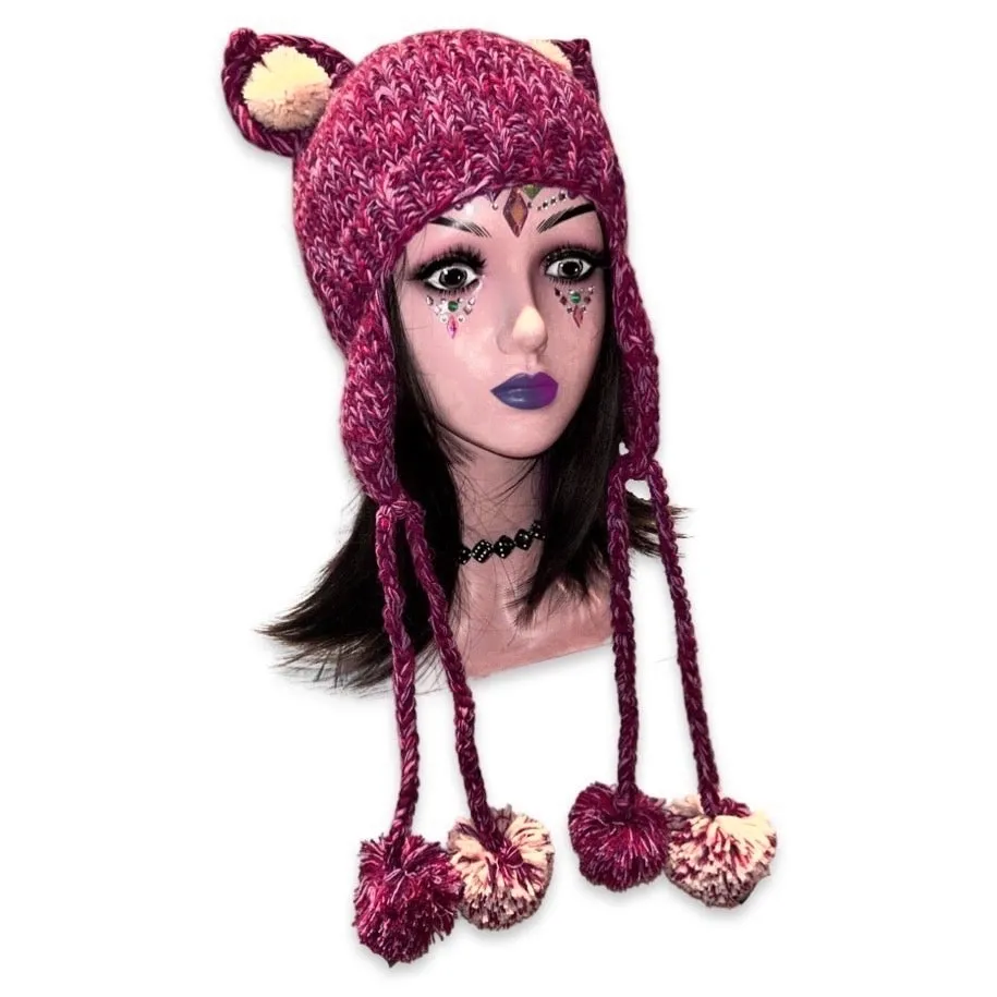 Handmade teddy bear ears knitted hat with 4 big pom-poms, plum