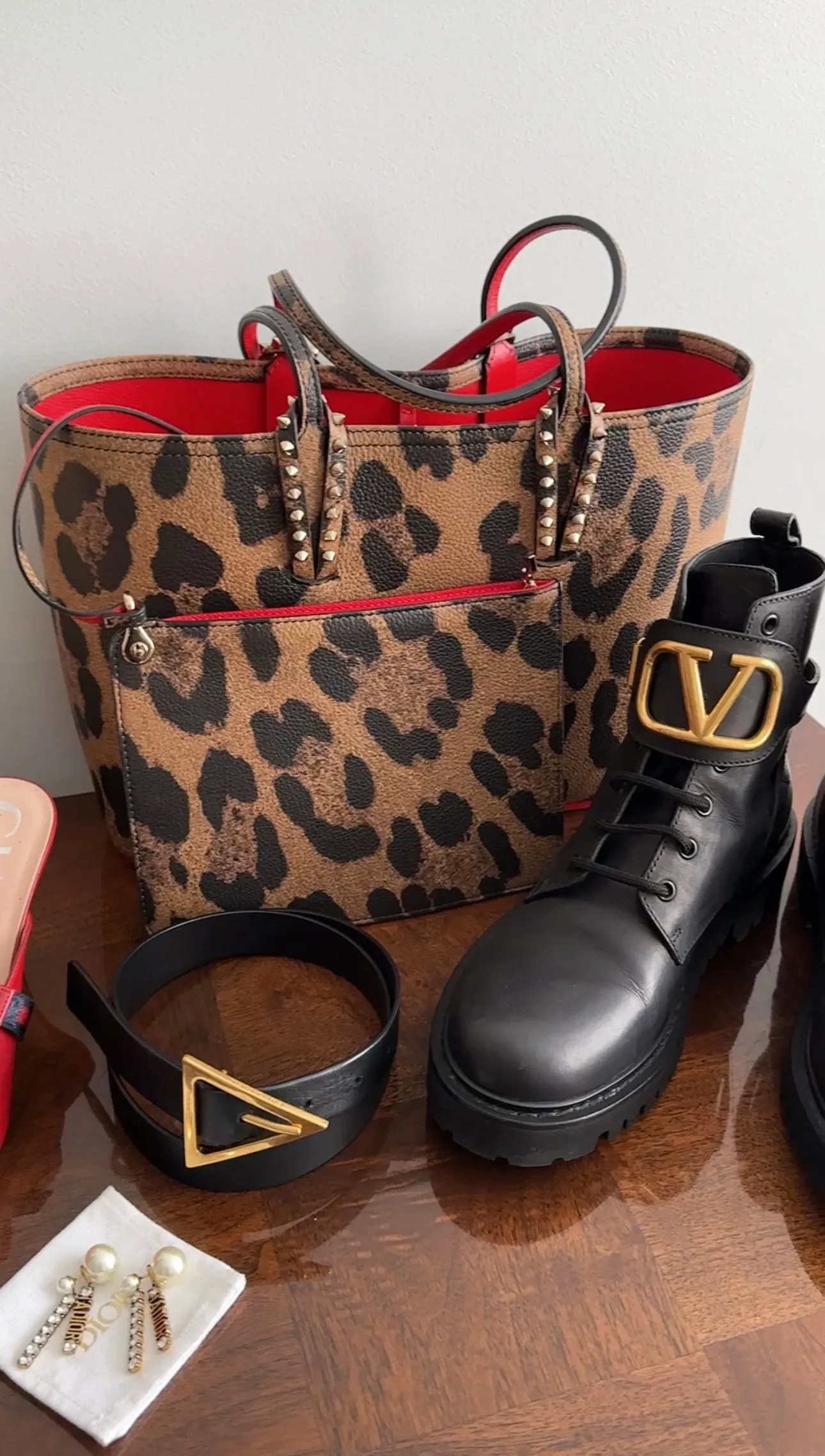 Louboutin Small Cabata Leopard and Red Lined Tote Bag