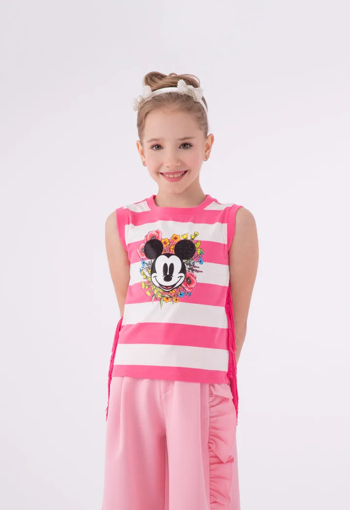 Mickey Mouse Striped Side Tassel Sleeveless T-Shirt