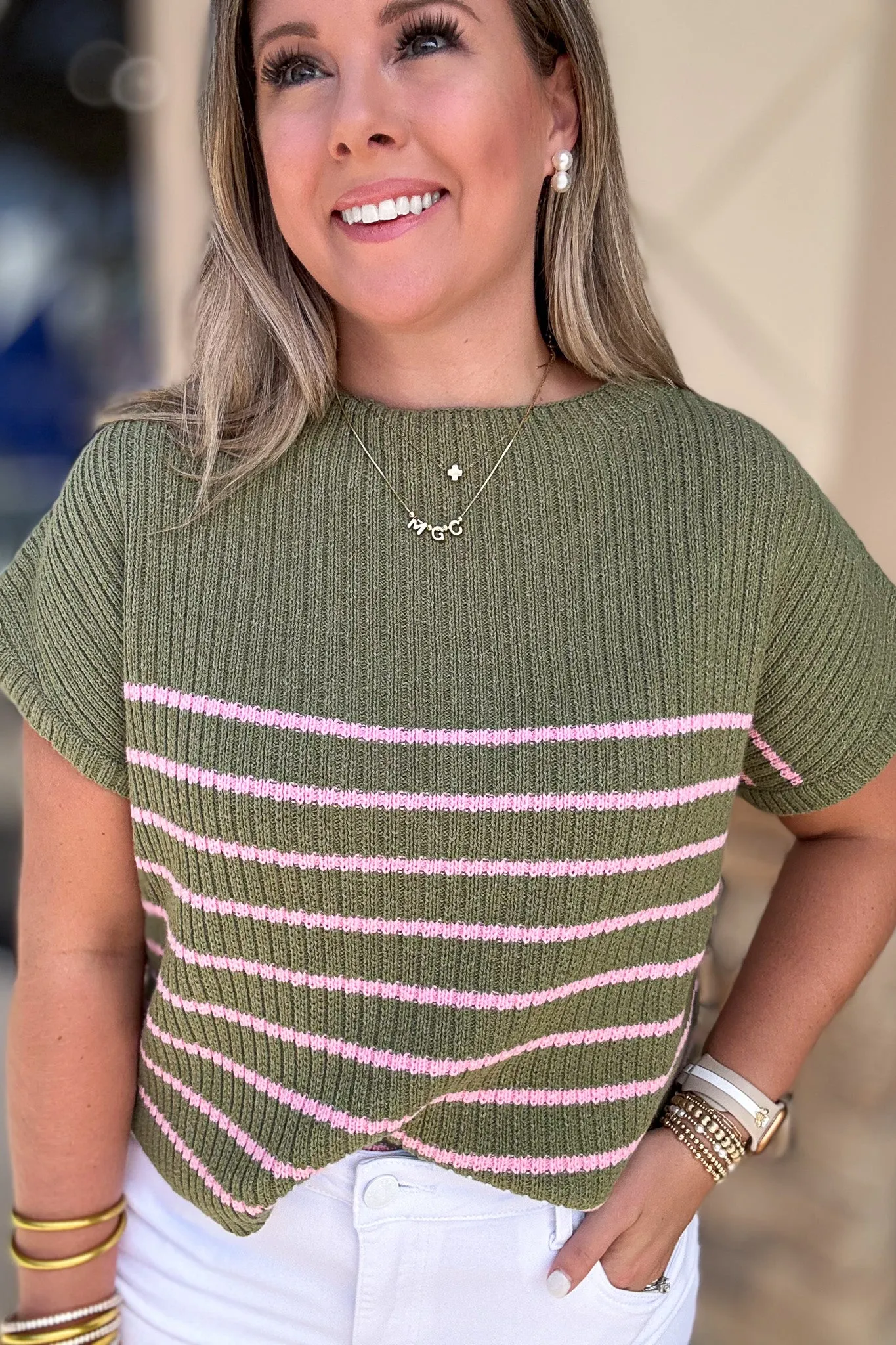 Nantucket Sweater Top - Olive   Pink