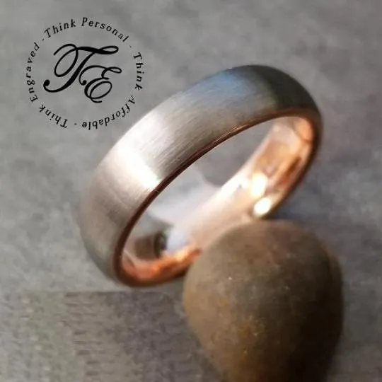 Personalized Men's Promise Ring - Rose Gold and Brushed Steel Real Tungsten