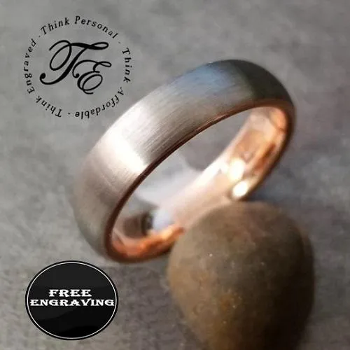 Personalized Men's Promise Ring - Rose Gold and Brushed Steel Real Tungsten