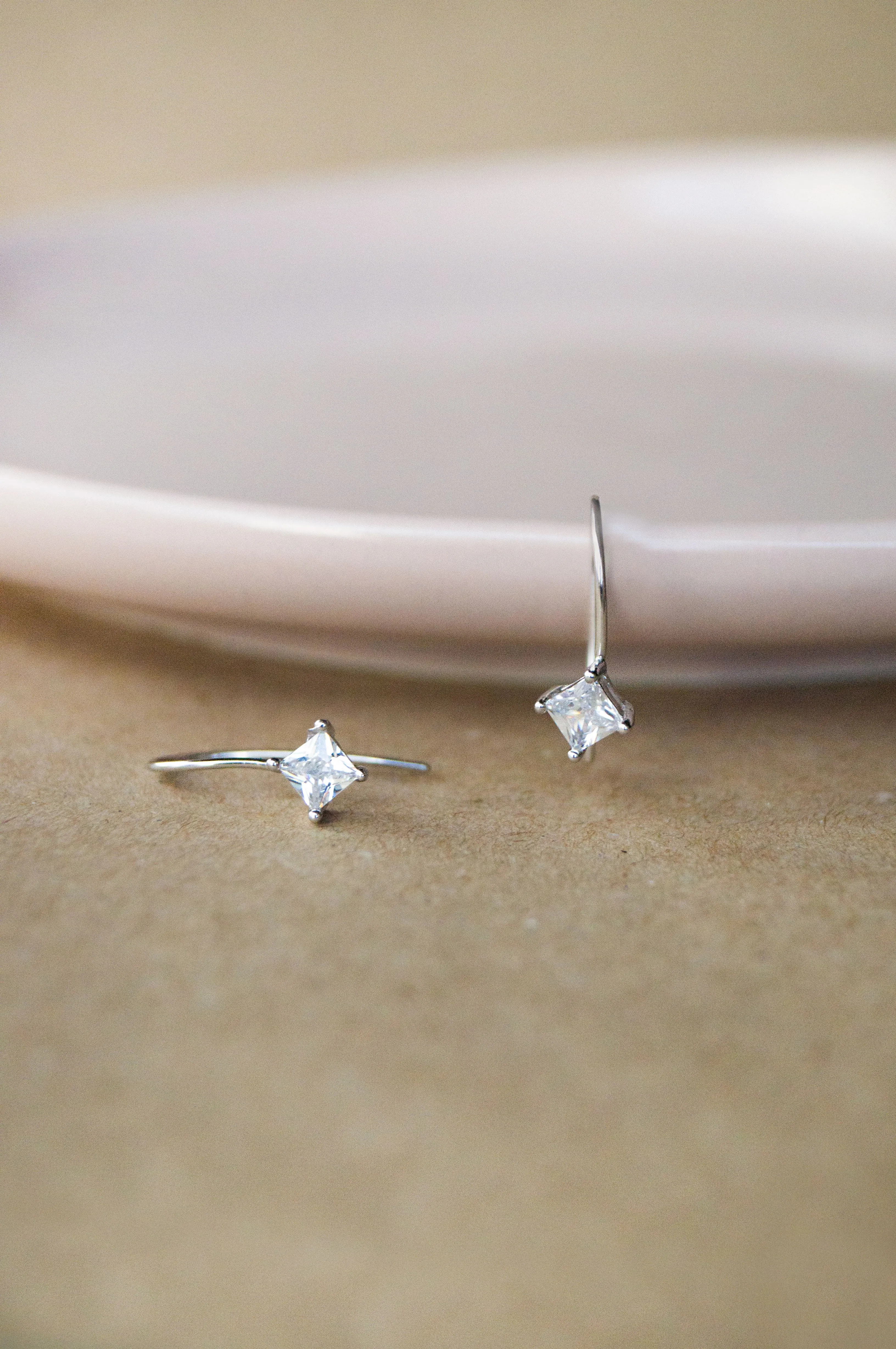 Princess Solitaire Slip On Sterling Silver Earrings