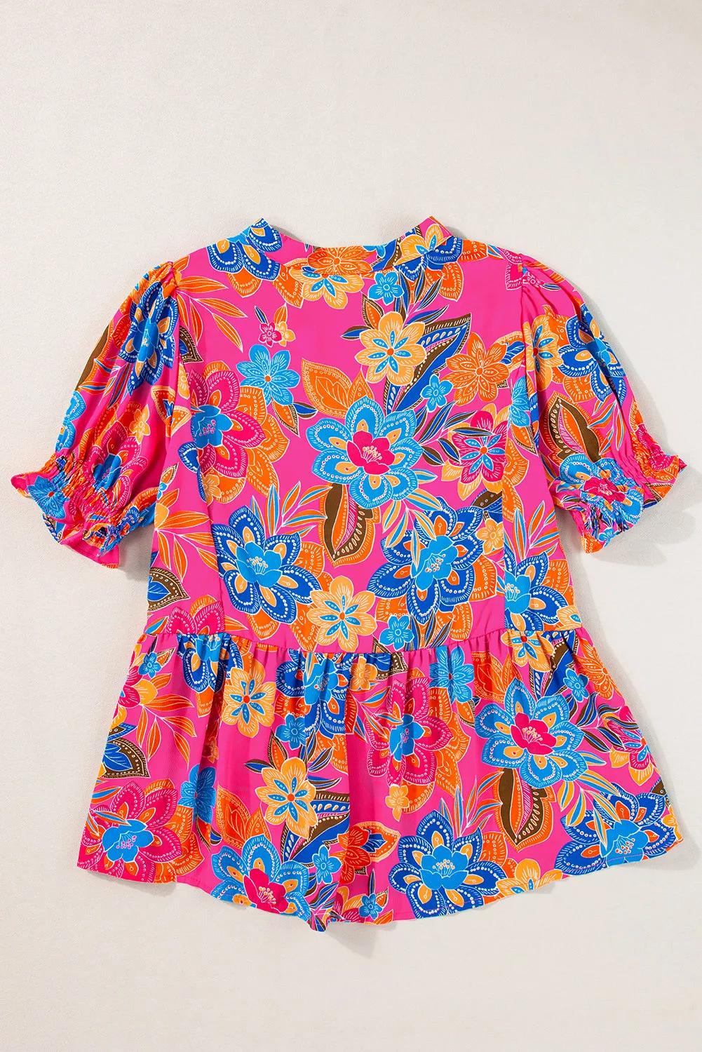 Rose Abstract Print Smocked Puff Sleeve V Neck Blouse