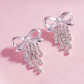 Silver Metal Bow Rhinestone Fringe Earrings for Women