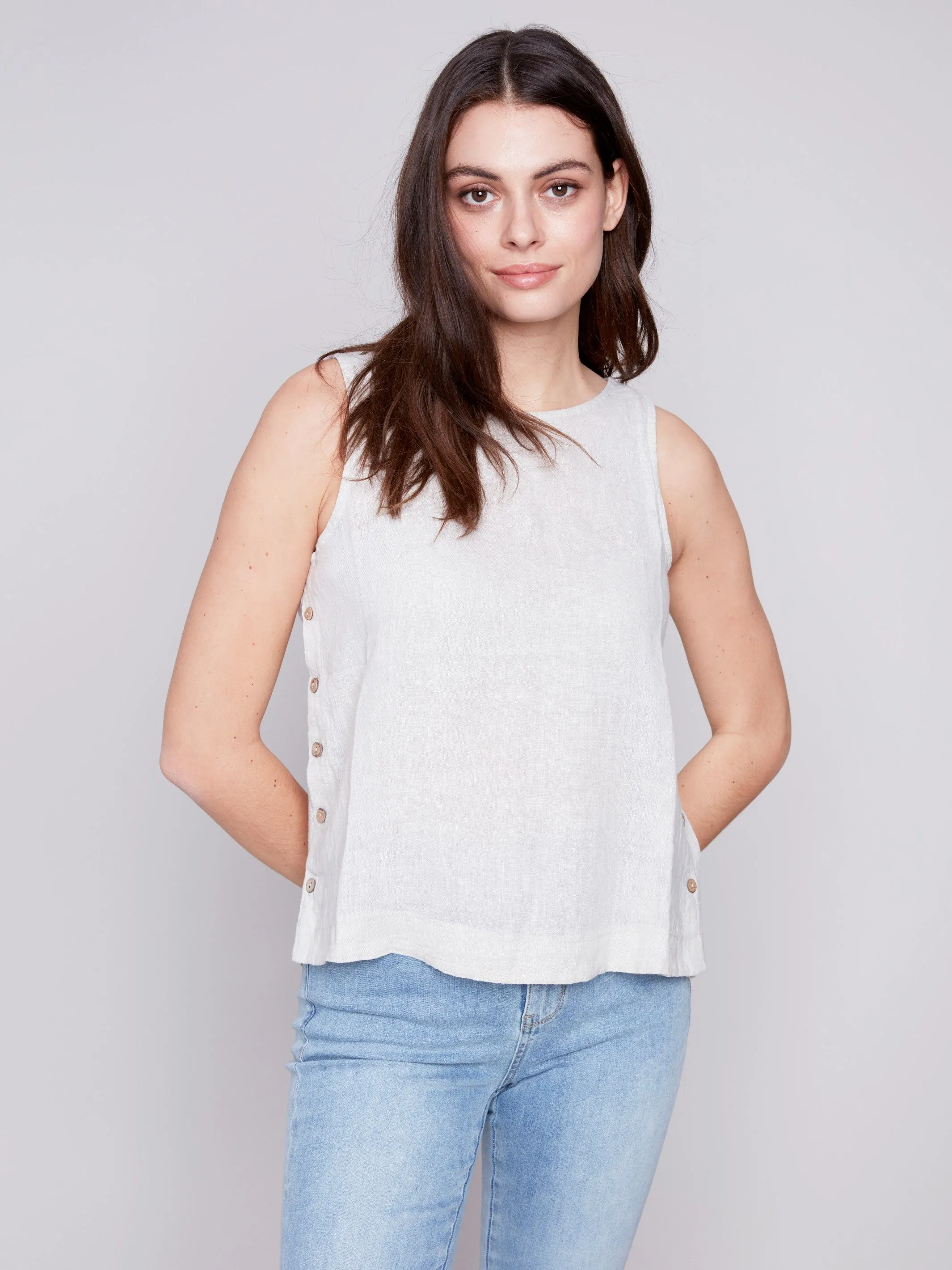 Sleeveless Linen Top with Side Buttons - Natural