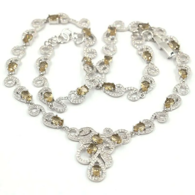 Smoky Quartz Micro-Pave CZ Silver Luxury Wedding Necklace