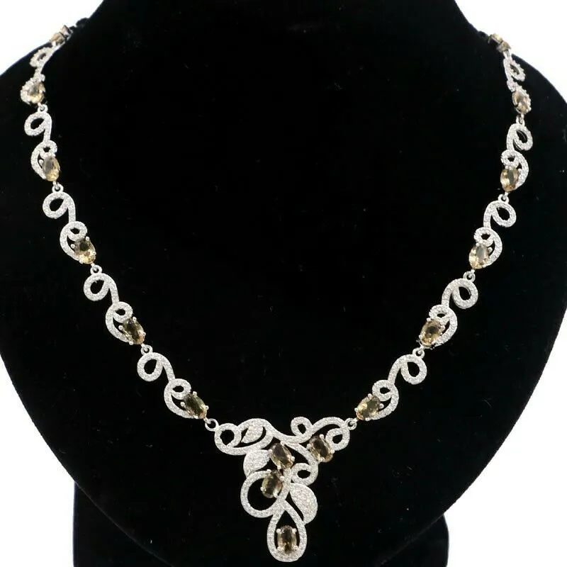 Smoky Quartz Micro-Pave CZ Silver Luxury Wedding Necklace