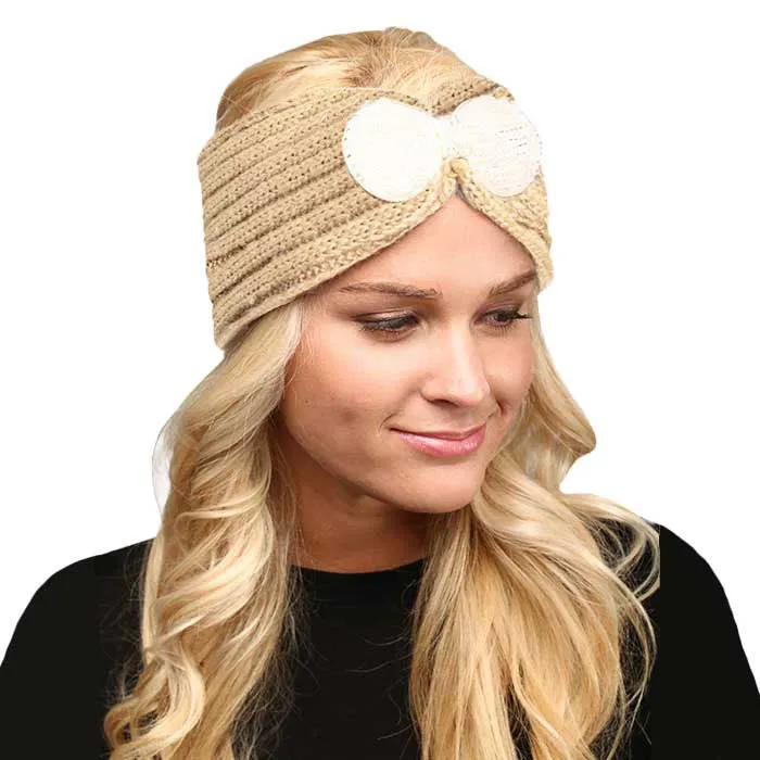 Soft Knit Accented Plush Bow Detailed Headband Ear Warmer