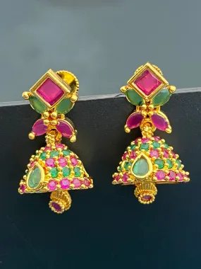 Stunning Gold Plated Ruby And Emerald Traditional Wear Jhumka Earrings For Wedding