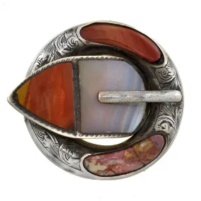 Victorian Large Sterling   Scottish Agate Buckle Pin