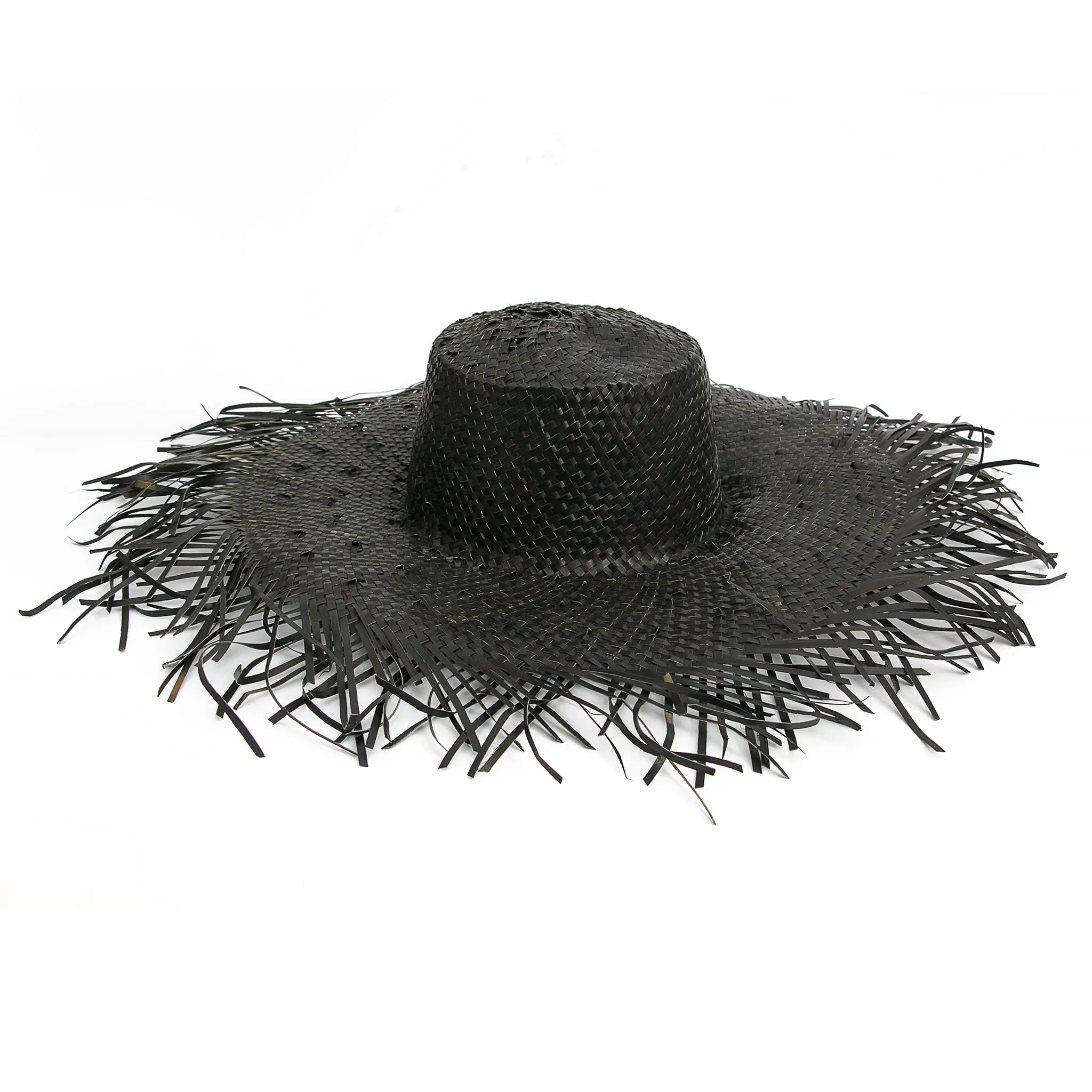 Wide Brim Raffia Straw Frayed Edge Hat-Black