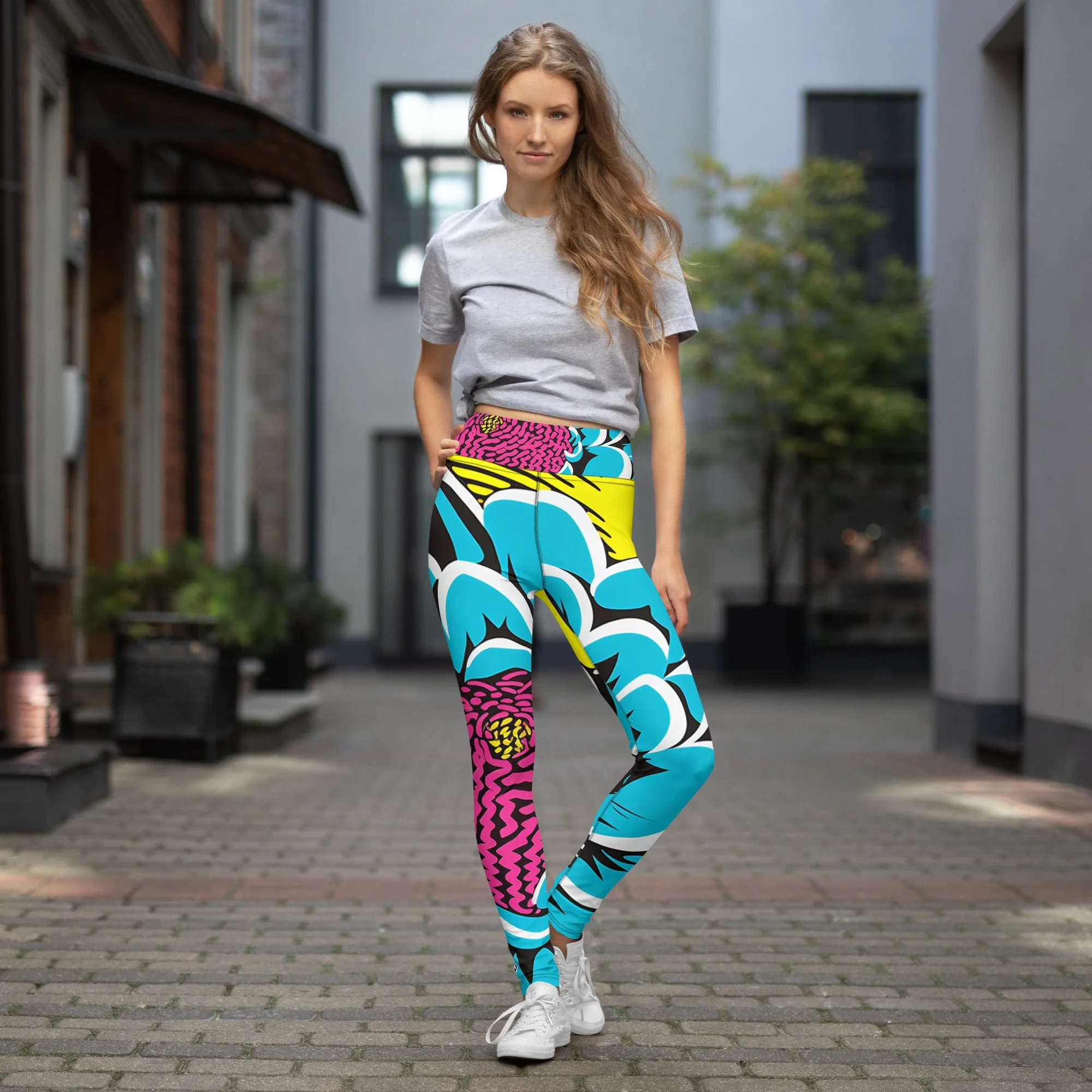 Women's Pop Art Yoga Pants - Roy Lichtenstein Inspired Dahalia Print 002