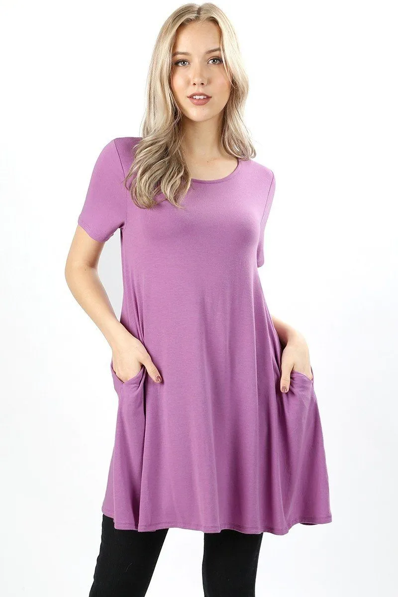 Womens Purple Pocket Dress | Short Sleeve Mini Dress